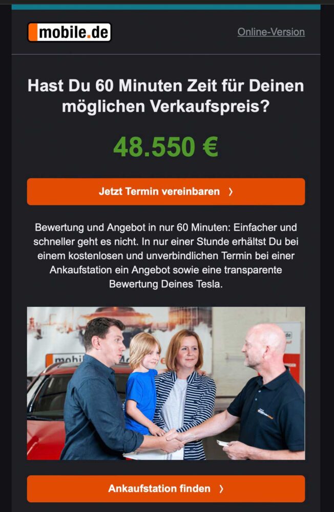 screenshot email mobile de verkauf tesla model 3